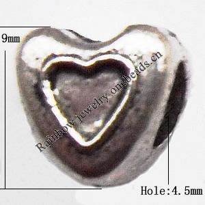 European Beads Zinc Alloy Jewelry Findings Lead-free, Heart 9x9mm hole=4.5mm, Sold per pkg of 400