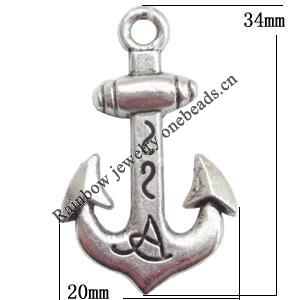 Pendant. Fashion Zinc Alloy jewelry findings. Anchor 33x20mm. Sold by Bag