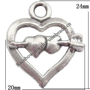 Zinc Alloy Jewelry Findings Lead-free, Pendant Heart 20x24mm hole=3mm Sold per pkg of 500