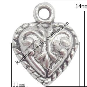 Zinc Alloy Jewelry Findings  Lead-free, Pendant Heart 11x14mm hole=1.5mm Sold per pkg of 1000
