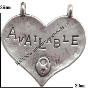 Zinc Alloy Jewelry Findings  Lead-free, Pendant Heart 29x30mm hole=1mm Sold per pkg of 300