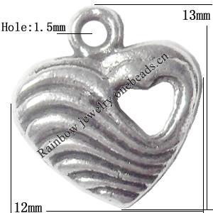 Zinc Alloy Jewelry Findings  Lead-free, Pendant Heart 12x13mm hole=1.5mm Sold per pkg of 800