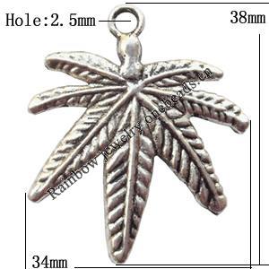 Zinc Alloy Jewelry Findings  Lead-free, Pendant Leaf 34x38mm hole=2.5mm Sold per pkg of 150
