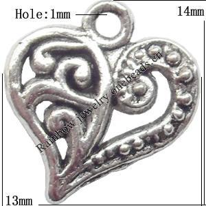 Pendant  Lead-Free Zinc Alloy Jewelry Findings Heart 13x14mm hole=1mm，Sold per pkg of 800