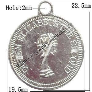Pendant  Lead-Free Zinc Alloy Jewelry Findings Flat Round 19.5x22.5mm hole=2mm，Sold per pkg of 500