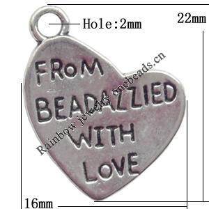 Pendant  Lead-Free Zinc Alloy Jewelry Findings Heart 16x22mm hole=2mm，Sold per pkg of 600