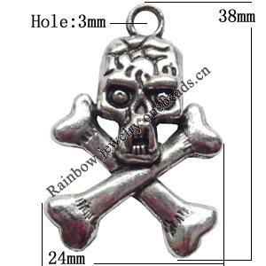 Pendant  Lead-Free Zinc Alloy Jewelry Findings Skeleton 38x24mm hole=3mm，Sold per pkg of 150