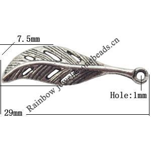 Pendant  Lead-Free Zinc Alloy Jewelry Findings Leaf 29x7.5mm hole=1mm，Sold per pkg of 800