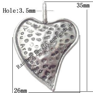 Pendant  Lead-Free Zinc Alloy Jewelry Findings Heart 35x26mm hole=3.5mm，Sold per pkg of 200