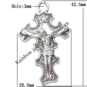 Pendant  Lead-Free Zinc Alloy Jewelry Findings Cross 26.5x42.5mm hole=3mm，Sold per pkg of 80