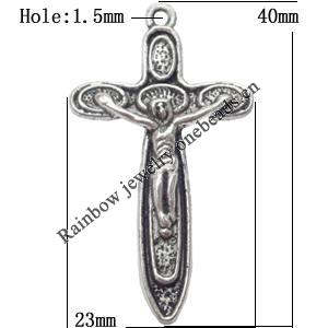 Pendant  Lead-Free Zinc Alloy Jewelry Findings Cross 40x23mm hole=1.5mm，Sold per pkg of 300
