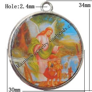 Pendant  Lead-Free Zinc Alloy Jewelry Findings Flat Round 30x34mm hole=2.4mm，Sold per pkg of 200