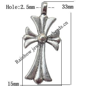 Pendant  Lead-Free Zinc Alloy Jewelry Findings Cross 33x15mm hole=2.5mm，Sold per pkg of 200