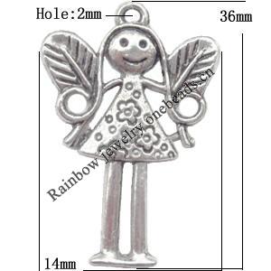 Pendant  Lead-Free Zinc Alloy Jewelry Findings Girl 36x14mm hole=2mm，Sold per pkg of 200