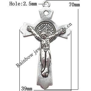 Pendant  Lead-Free Zinc Alloy Jewelry Findings Cross 70x39mm hole=2.5mm，Sold per pkg of 80