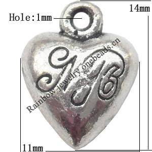 Pendant  Lead-Free Zinc Alloy Jewelry Findings Heart 11x14mm hole=1mm，Sold per pkg of 1000