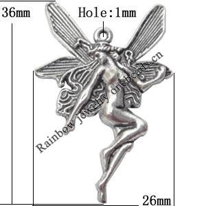 Pendant Lead-Free Zinc Alloy Jewelry Findings Angel 36x26mm hole=1mm，Sold per pkg of 150