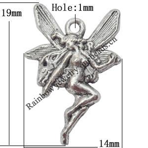 Pendant  Lead-Free Zinc Alloy Jewelry Findings Angel 19x14mm hole=1mm，Sold per pkg of 500