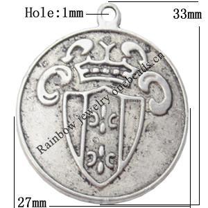 Pendant  Lead-Free Zinc Alloy Jewelry Findings Flat Round 33x27mm hole=1mm Sold per pkg of 100