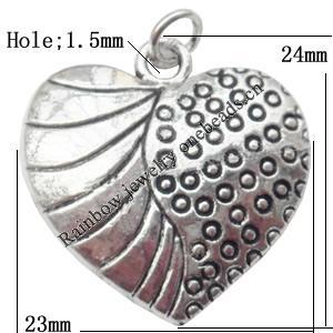 Pendant  Lead-Free Zinc Alloy Jewelry Findings Heart 24x23mm hole=1.5mm，Sold per pkg of 400