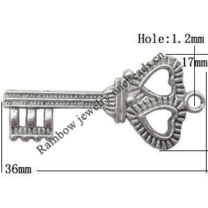 Pendant  Lead-Free Zinc Alloy Jewelry Findings Key 36x17mm hole=1.2mm，Sold per pkg of 400