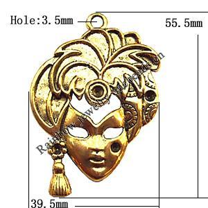 Pendant  Lead-Free Zinc Alloy Jewelry Findings, Head 39.5x55.5mm hole=3.5mm, Sold per pkg of 60