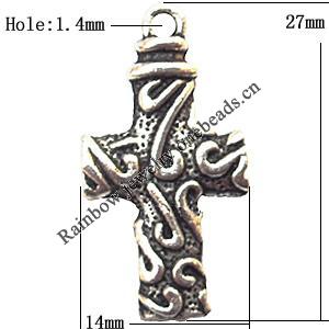 Pendant  Lead-Free Zinc Alloy Jewelry Findings, Cross 14x27mm hole=1.4mm, Sold per pkg of 400