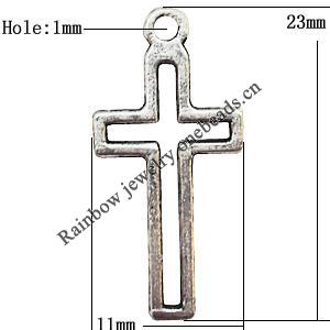 Pendant  Lead-Free Zinc Alloy Jewelry Findings, Cross 11x23mm hole=1mm, Sold per pkg of 1000