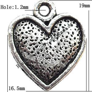 Pendant Lead-Free Zinc Alloy Jewelry Findings, Heart 16.5x19mm hole=1.2mm, Sold per pkg of 500