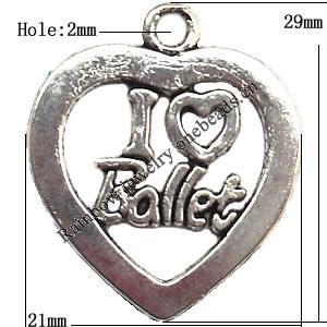 Pendant Lead-Free Zinc Alloy Jewelry Findings, Heart 21x29mm hole=2mm, Sold per pkg of 400