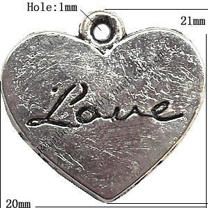 Pendant  Lead-Free Zinc Alloy Jewelry Findings, Heart 21x20mm hole=1mm, Sold per pkg of 300