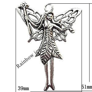 Pendant  Lead-Free Zinc Alloy Jewelry Findings, Angel 39x51mm hole=3mm, Sold per pkg of 80