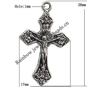 Pendant  Lead-Free Zinc Alloy Jewelry Findings, Cross 17x28mm hole=1mm, Sold per pkg of 500