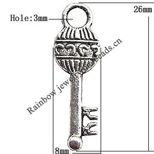 Pendant  Lead-Free Zinc Alloy Jewelry Findings, Key 26x8mm hole=3mm, Sold per pkg of 700
