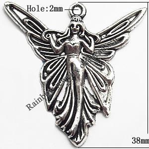 Pendant  Lead-Free Zinc Alloy Jewelry Findings, Angel 38x38mm hole=2mm, Sold per pkg of 70