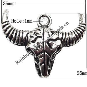 Pendant  Lead-Free Zinc Alloy Jewelry Findings, Cattle Head 36x26mm hole=1mm, Sold per pkg of 200