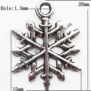 Pendant  Lead-Free Zinc Alloy Jewelry Findings, Snowflake 15x20mm hole=1.5mm, Sold per pkg of 500