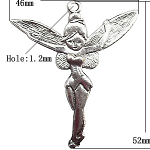 Pendant  Lead-Free Zinc Alloy Jewelry Findings, Angel 52x46mm hole=1.2mm, Sold per pkg of 50