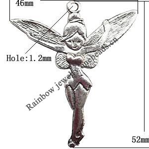 Pendant  Lead-Free Zinc Alloy Jewelry Findings, Angel 52x46mm hole=1.2mm, Sold per pkg of 50