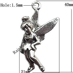 Pendant  Lead-Free Zinc Alloy Jewelry Findings, Angel 40x21mm hole=1.5mm, Sold per pkg of 100