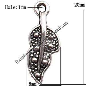 Pendant  Lead-Free Zinc Alloy Jewelry Findings, Leaf 8x20mm hole=1mm, Sold per pkg of 1000