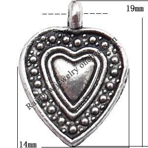 Pendant  Lead-Free Zinc Alloy Jewelry Findings, Heart 14x19mm hole=1mm, Sold per pkg of 500