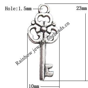 Pendant  Lead-Free Zinc Alloy Jewelry Findings, Key 10x23mm hole=1.5mm, Sold per pkg of 1000