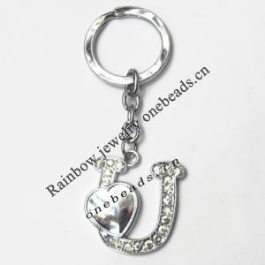 Zinc Alloy keyring with Crystal, Letters with Heart 4.5inch approx 33mm ring, Sold by Bag