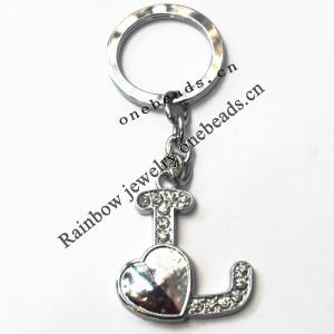 Zinc Alloy keyring with Crystal, Letters with Heart 4.5inch approx 33mm ring, Sold by Bag