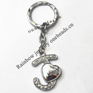 Zinc Alloy keyring with Crystal, Letters with Heart 4.5inch approx 33mm ring, Sold by Bag