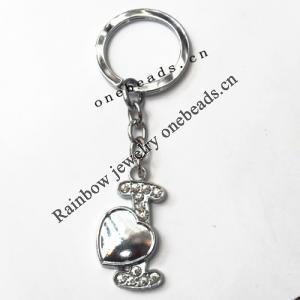 Zinc Alloy keyring with Crystal, Letters with Heart 4.5inch approx 33mm ring, Sold by Bag