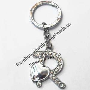 Zinc Alloy keyring with Crystal, Letters with Heart 4.5inch approx 33mm ring, Sold by Bag