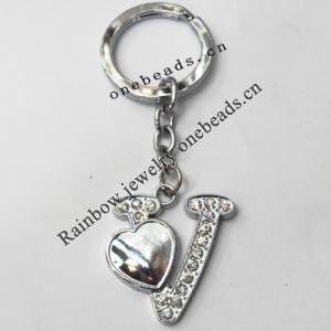 Zinc Alloy keyring with Crystal, Letters with Heart 4.5inch approx 33mm ring, Sold by Bag