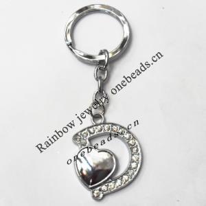 Zinc Alloy keyring with Crystal, Letters with Heart 4.5inch approx 33mm ring, Sold by Bag